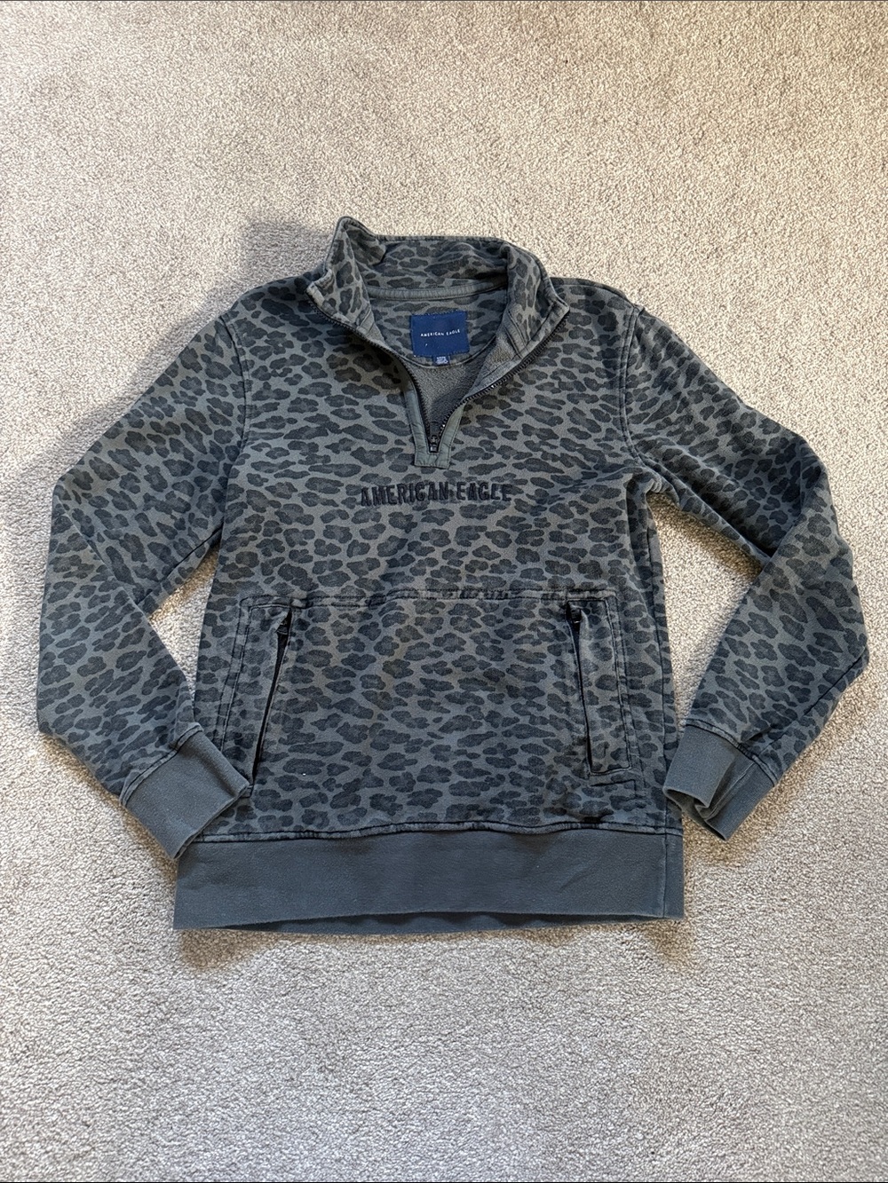 American Eagle Grey Leopard Half-Zip Pullover S